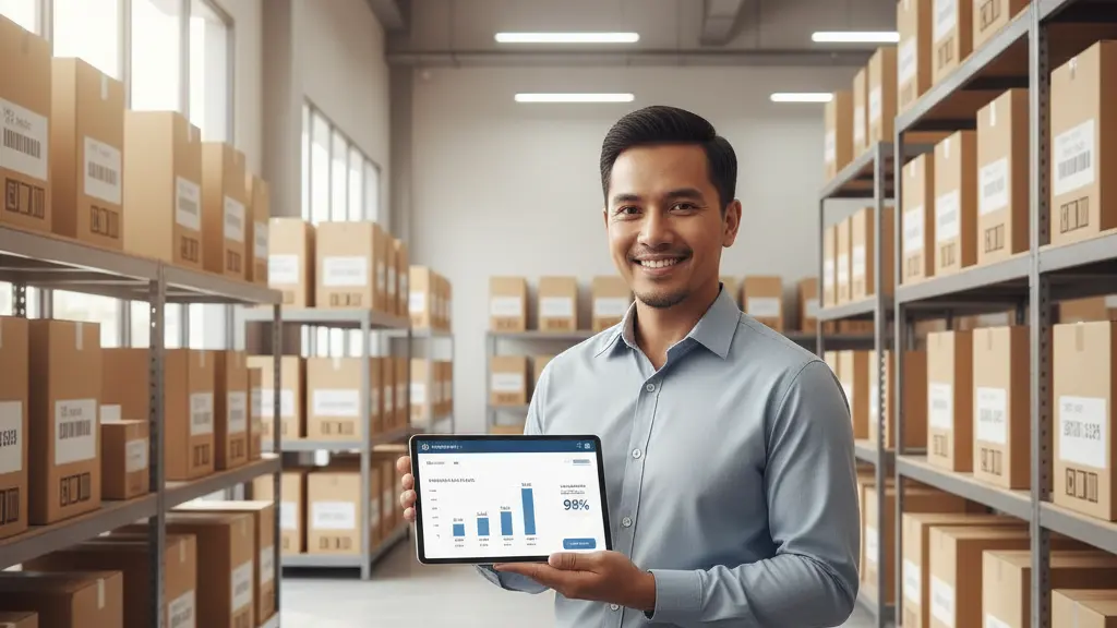 Smart inventory management for Malaysian SMEs — balancing stock without overstocking or stockouts. Confident Malaysian SME owner in a well-organized warehouse, smiling while checking stock data on a tablet. Neat shelves with labeled boxes represent balanced and efficient inventory management.