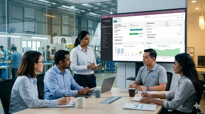 A photograph of a modern factory management meeting. A diverse Malaysian team is gathered around a table; a large screen prominently displays an Odoo Manufacturing dashboard. The management team of Bursa Malaysia-listed Safetyware Group using Odoo within their actual factory operations