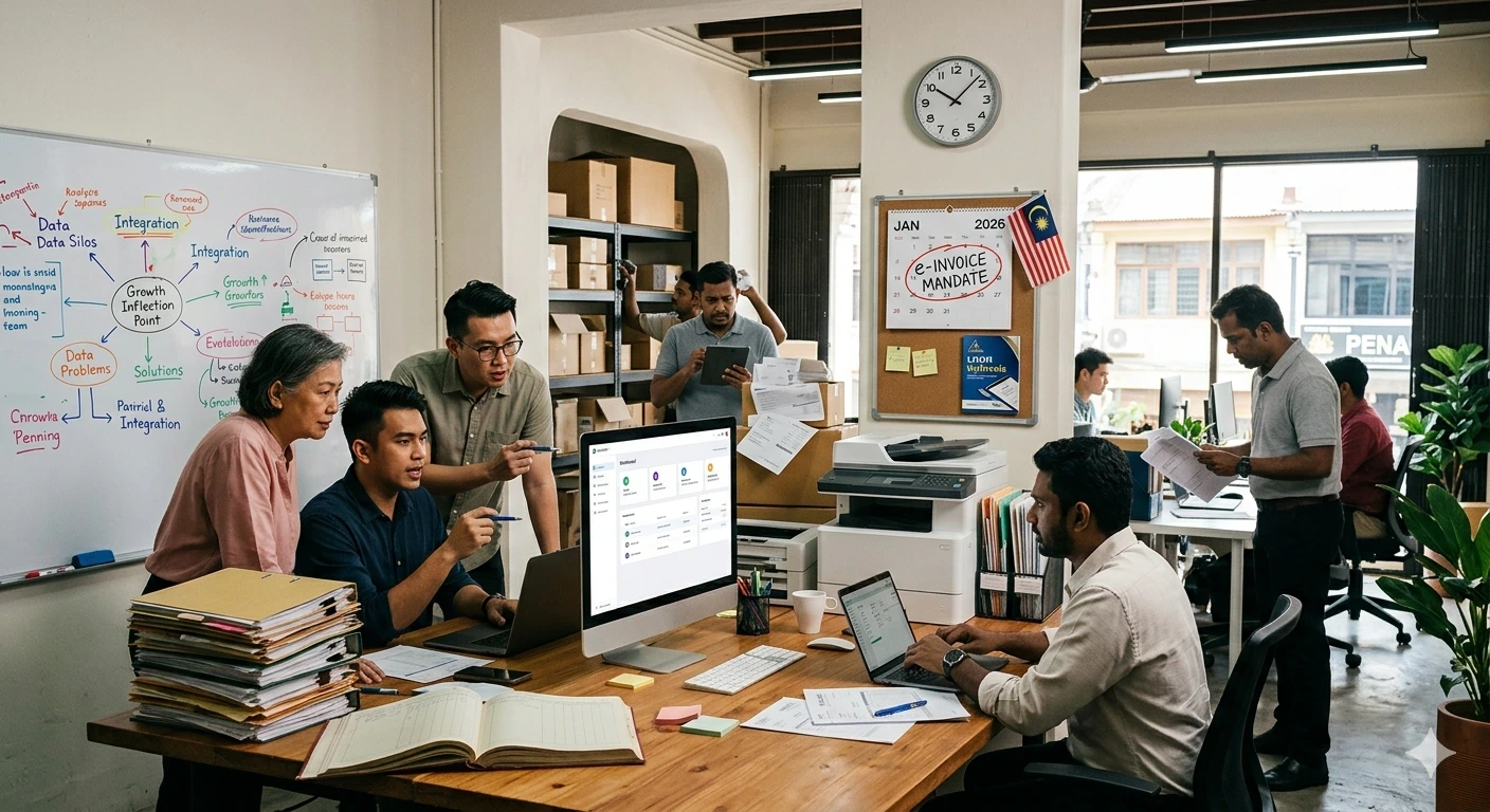 Helping Malaysian SMEs overcome disconnected systems and meet 2026 e-Invoicing mandates. A diverse group of Malaysian SME business owners in a busy office discussing digital transformation, featuring an Odoo dashboard on a screen and a whiteboard with growth strategies.