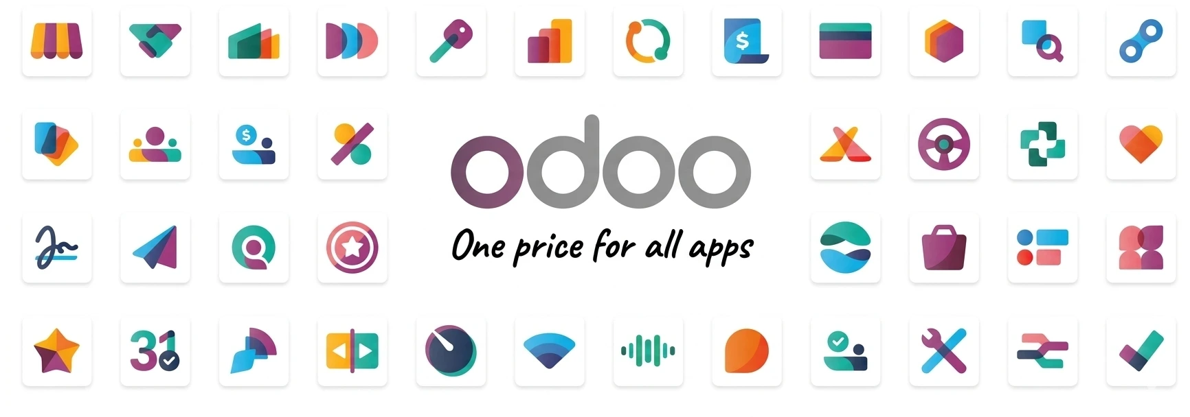 Explore the complete Odoo ecosystem: Integrated apps for CRM, Accounting, Inventory, and E-commerce. A wide collection of colorful Odoo application icons surrounding the Odoo logo with the slogan "One price for all apps