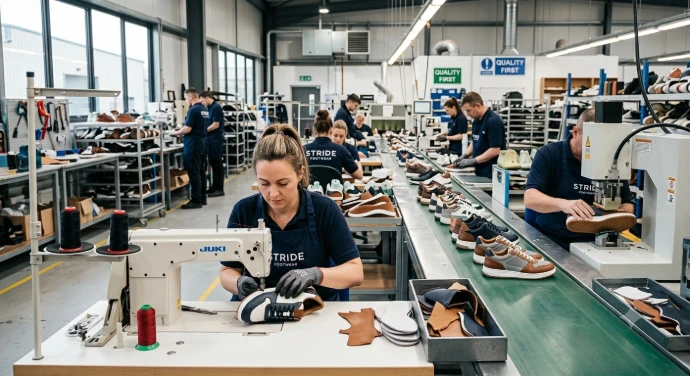 Footwear manufacturing production line using Odoo ERP to manage shoe production, inventory, quality control and manufacturing operations.