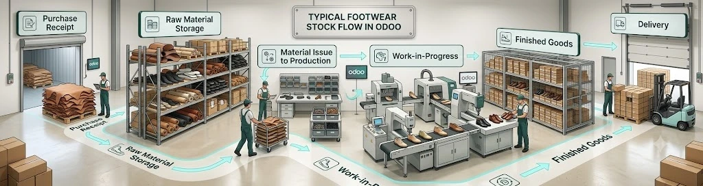 This workflow illustrates the typical six-step footwear stock flow in Odoo, tracking items from the initial purchase receipt to raw material storage, production issue, work-in-progress, finished goods, and final delivery.