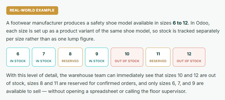 This graphic displays a real-world example of tracking safety shoe variants in Odoo by size, showing the direct stock status of each variant as either in stock, reserved, or out of stock.