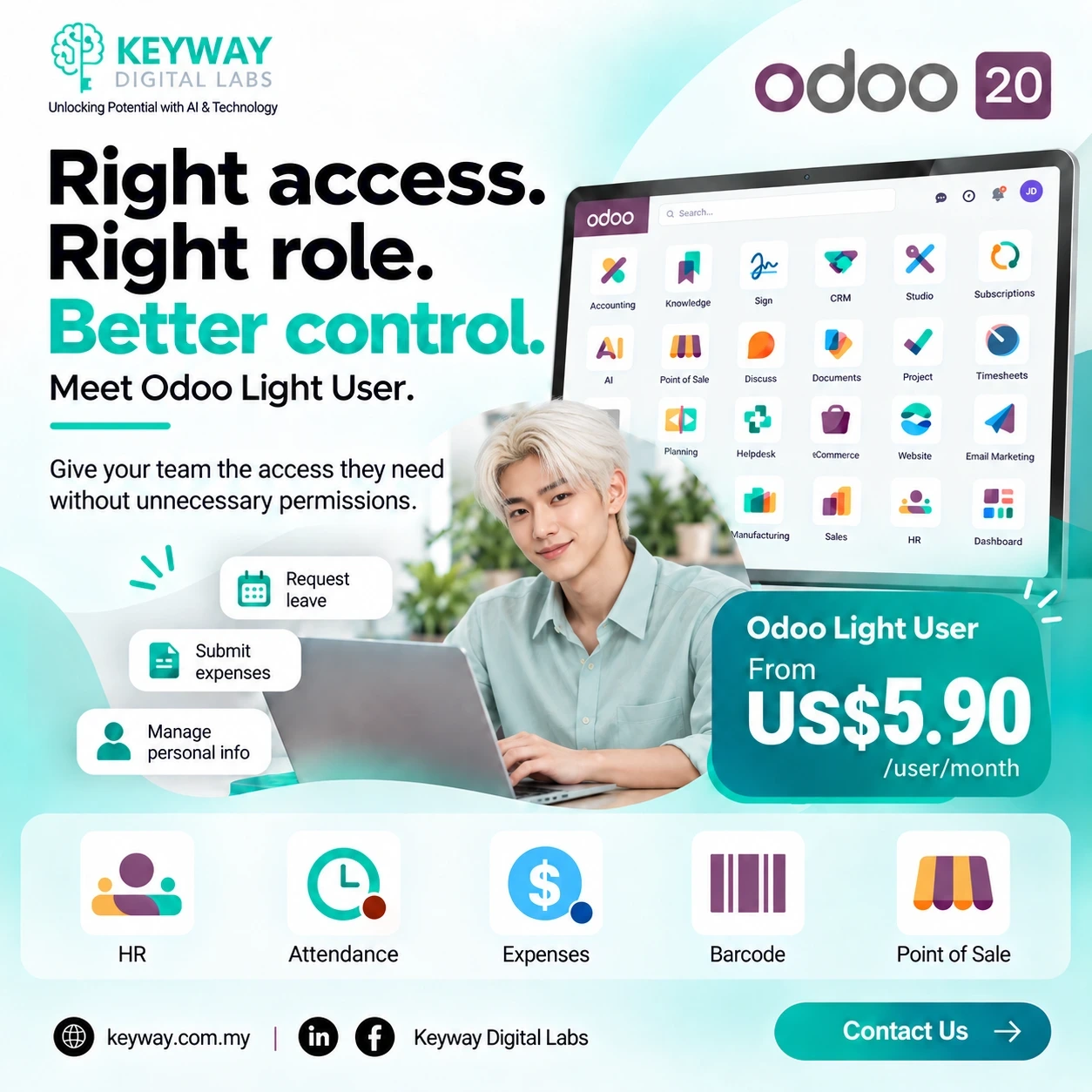 Odoo Light User from US$5.90 per user/month with access to HR, Attendance, Expenses, Barcode and Point of Sale – Keyway Digital Labs.