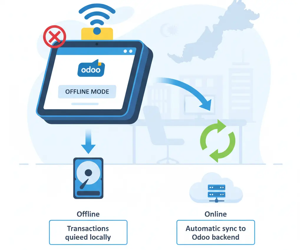 Illustration of Odoo POS offline mode with transactions queued locally and syncing to cloud