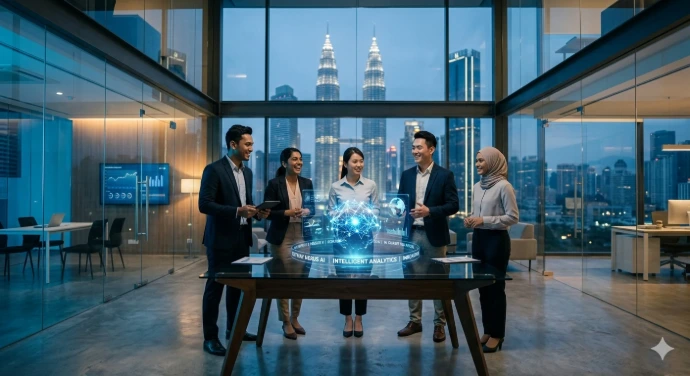 A diverse team of Malaysian professionals, including Malay, Chinese, and Indian members, standing and collaborating around a futuristic, glowing holographic display in a modern, glass-walled office at night. The illuminated Petronas Twin Towers are visible through the window in the background.