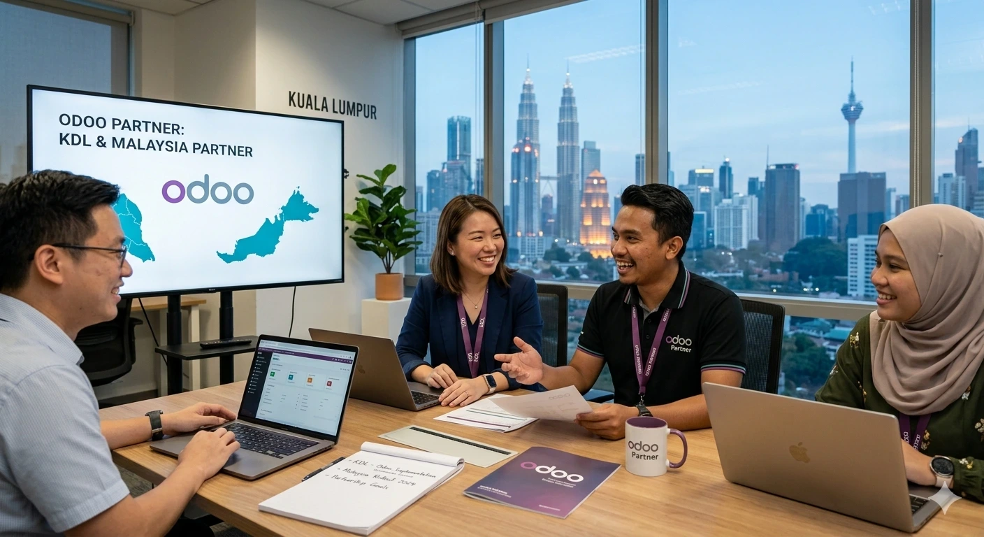 : A diverse professional team in a Kuala Lumpur office collaborates on a joint Odoo ERP implementation between KDL and a Malaysian partner, with the Petronas Towers and KL Tower visible through the window.