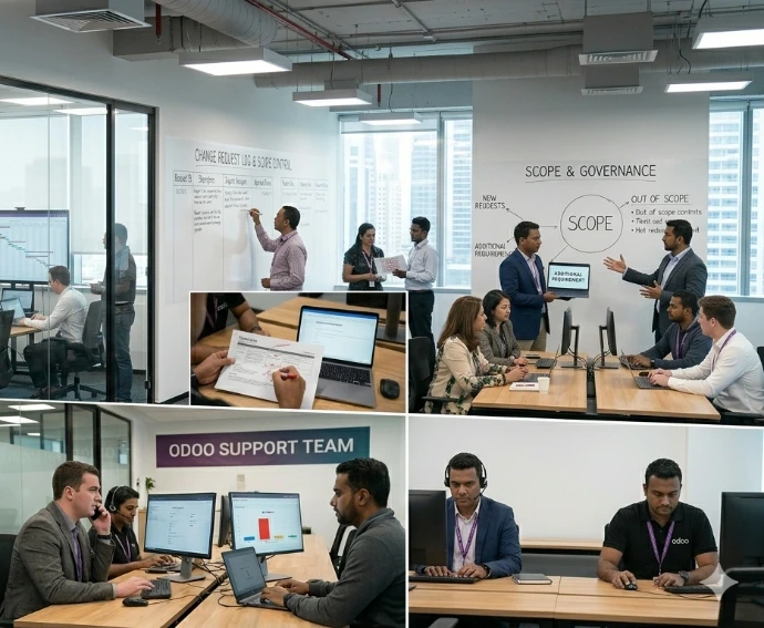 A composite office scene showing Odoo professionals managing complex projects, documenting change requests, defining scope and governance, and handling technical support inquiries