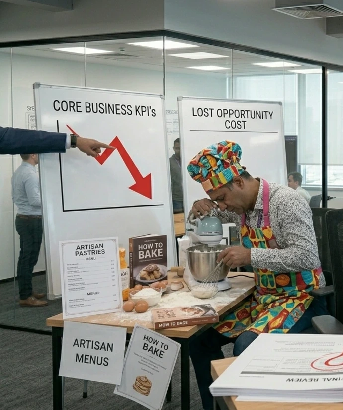 A surreal office scene illustrating a professional manager distracted by baking at a desk while core business metrics decline on whiteboards behind him.
