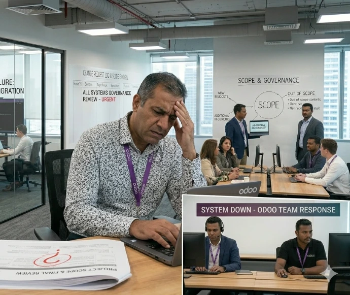 A stressed professional manager holding his head in frustration while reviewing a critical Odoo system data migration failure, with his team actively working on technical troubleshooting in the background.