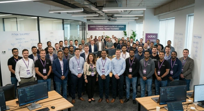 A large, diverse group of Odoo consultants and software developers posing for a team photo in a modern, well-lit office, with Odoo corporate signage and computer workstations visible in the background