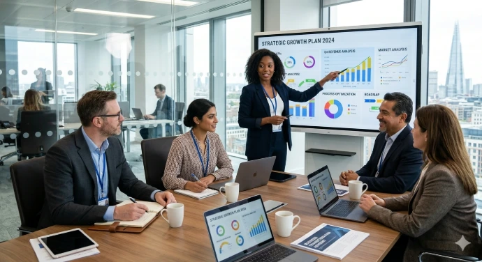 A diverse team of business and management consultants analyzing a strategic growth plan on a digital whiteboard in a modern office.