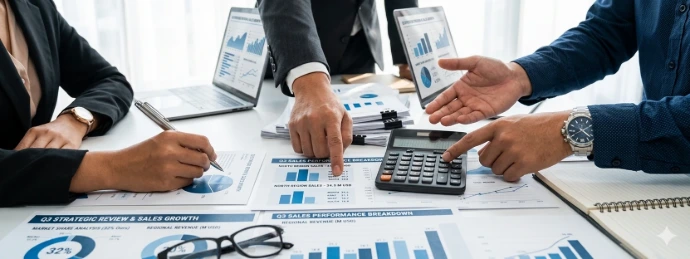 A professional team of accountants reviewing financial charts, sales performance reports, and data analysis in an office.