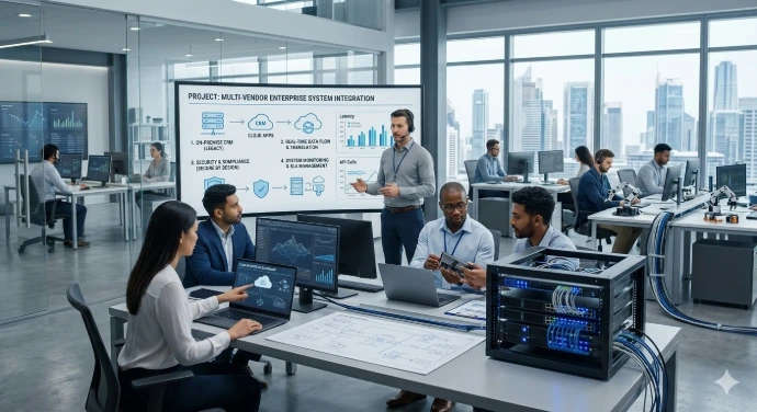 IT team collaborating on an enterprise system integration project in a modern technology office