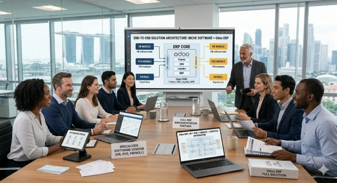 A specialized software vendor team collaborating with Odoo ERP implementation partners in an office with a Singapore skyline view.