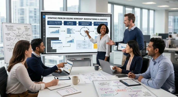 Industry specialists conducting a strategic problem-solving workshop for manufacturing and logistics operations.