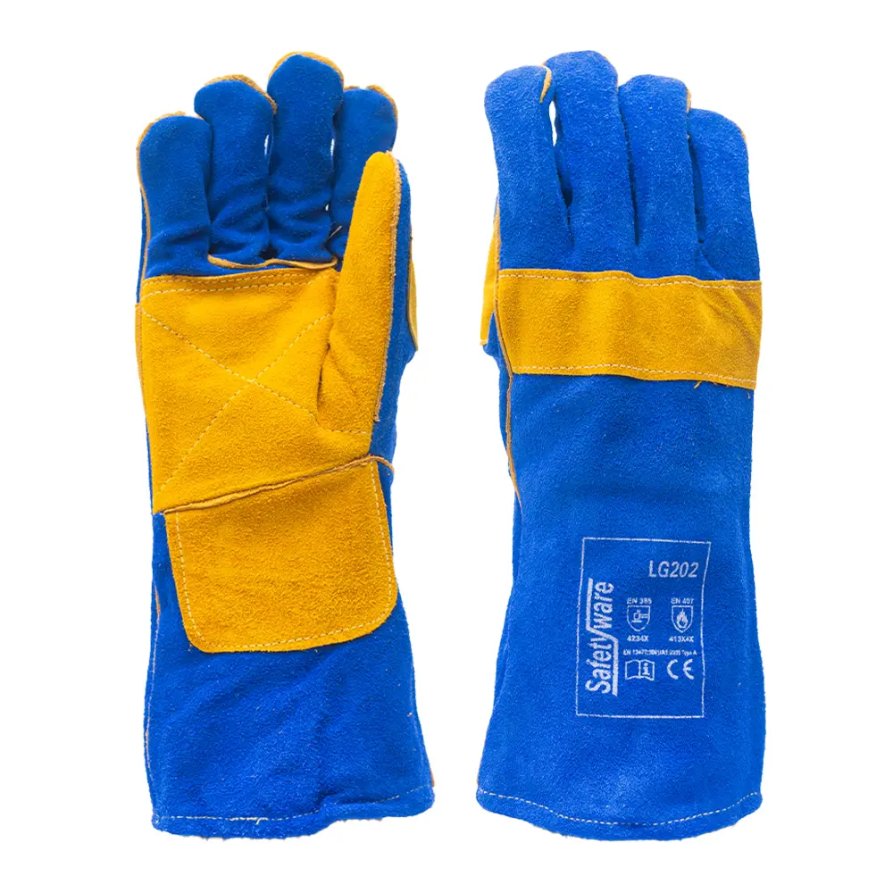 SAFETYWARE Premium Quality Blue Full Split Leather Gloves (Double Palm)