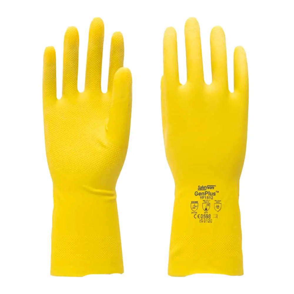 [YF1512-SM] SAFETYWARE GenPlus YF1512 Extra Light Duty 12" Yellow Flocklined Rubber Gloves (S / 7)